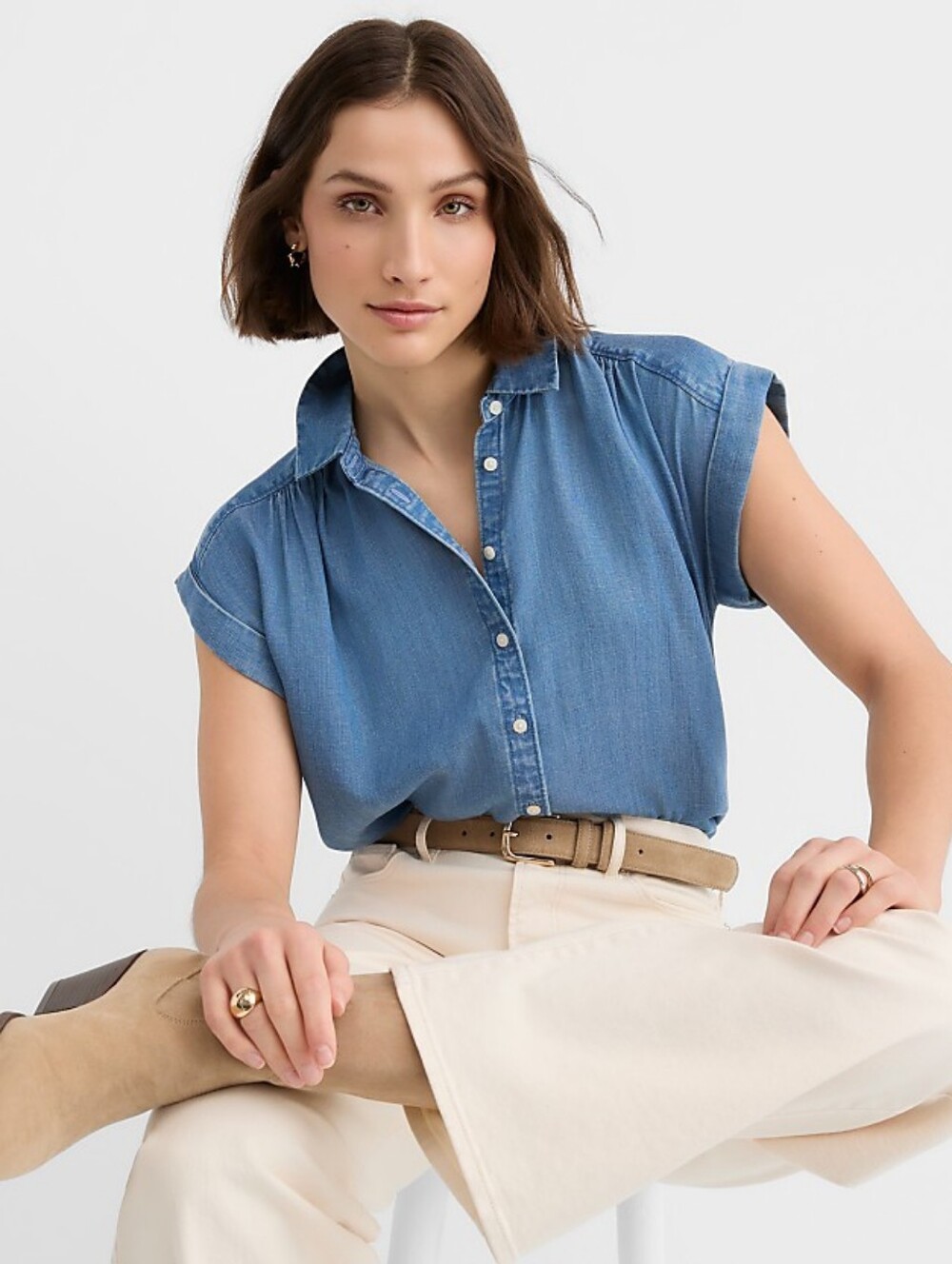 LOFT Short-Sleeve Denim Button-Front Shirt - Blue